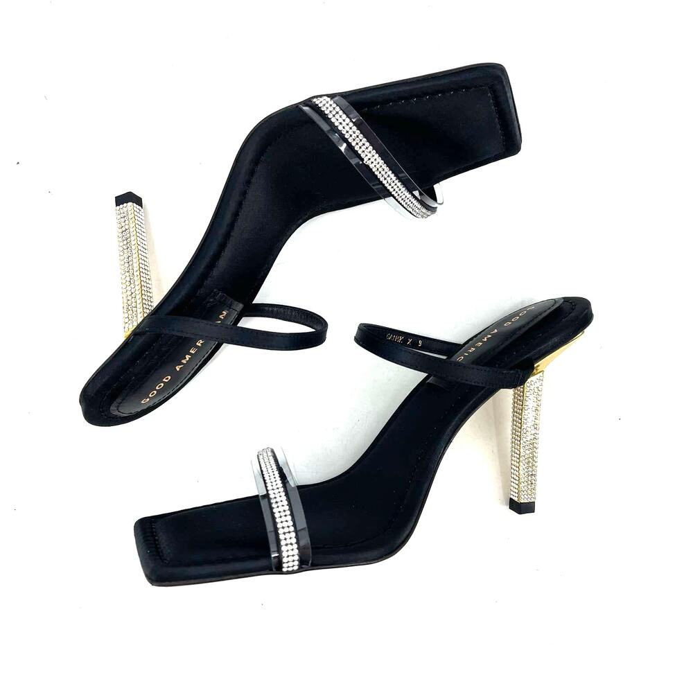 Good American Open Square Toe Rhinestone Strappy Heels Black Satin Size 9 NIB - Picture 7 of 8